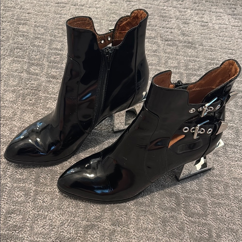 Black Patent Leather Ankle Boots with Silver Accents